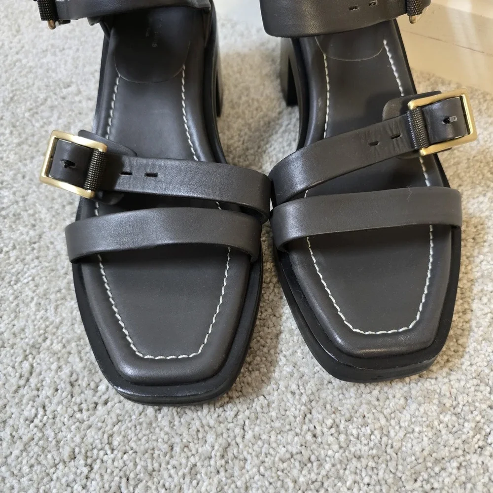 Rag & Bone Fallon Metal Gray Leather Block‎ Heel Straps Sandals Sz 38.5 US 8.5